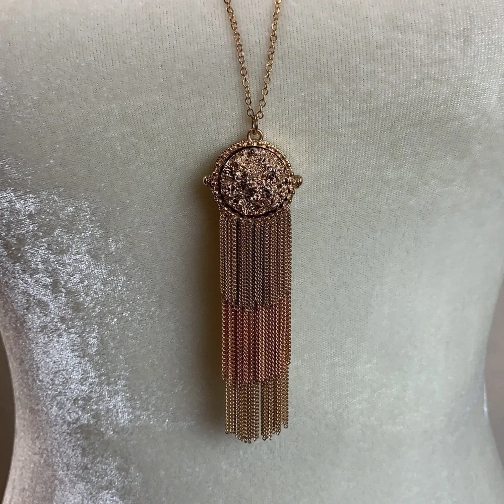 Gold Rose Gold Faux Druzy chain fringe tassel necklace